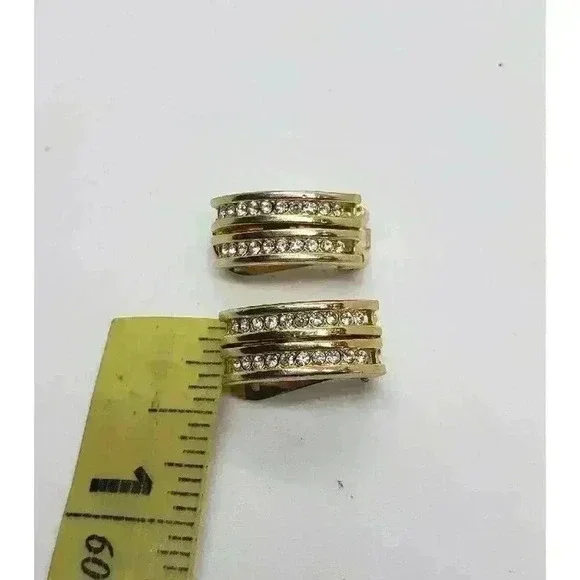 Vintage Hanae Mori Chanter Paris Clip Gold Rhinestone Earrings - Picture 11 of 11